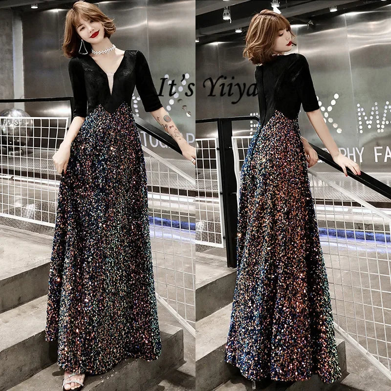 Babs Evening Gown Black Velour Sequins Patchwork V-Neck Evening Dresses Half Sleeve Zipper Plus Size Women Party Formal Dress K324