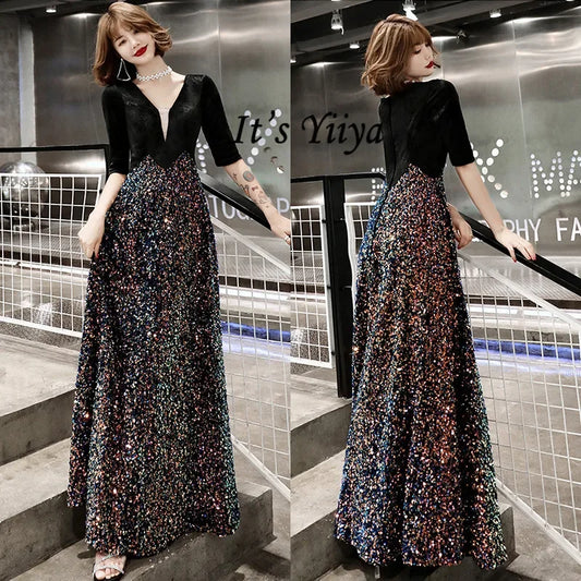 Babs Evening Gown Black Velour Sequins Patchwork V-Neck Evening Dresses Half Sleeve Zipper Plus Size Women Party Formal Dress K324