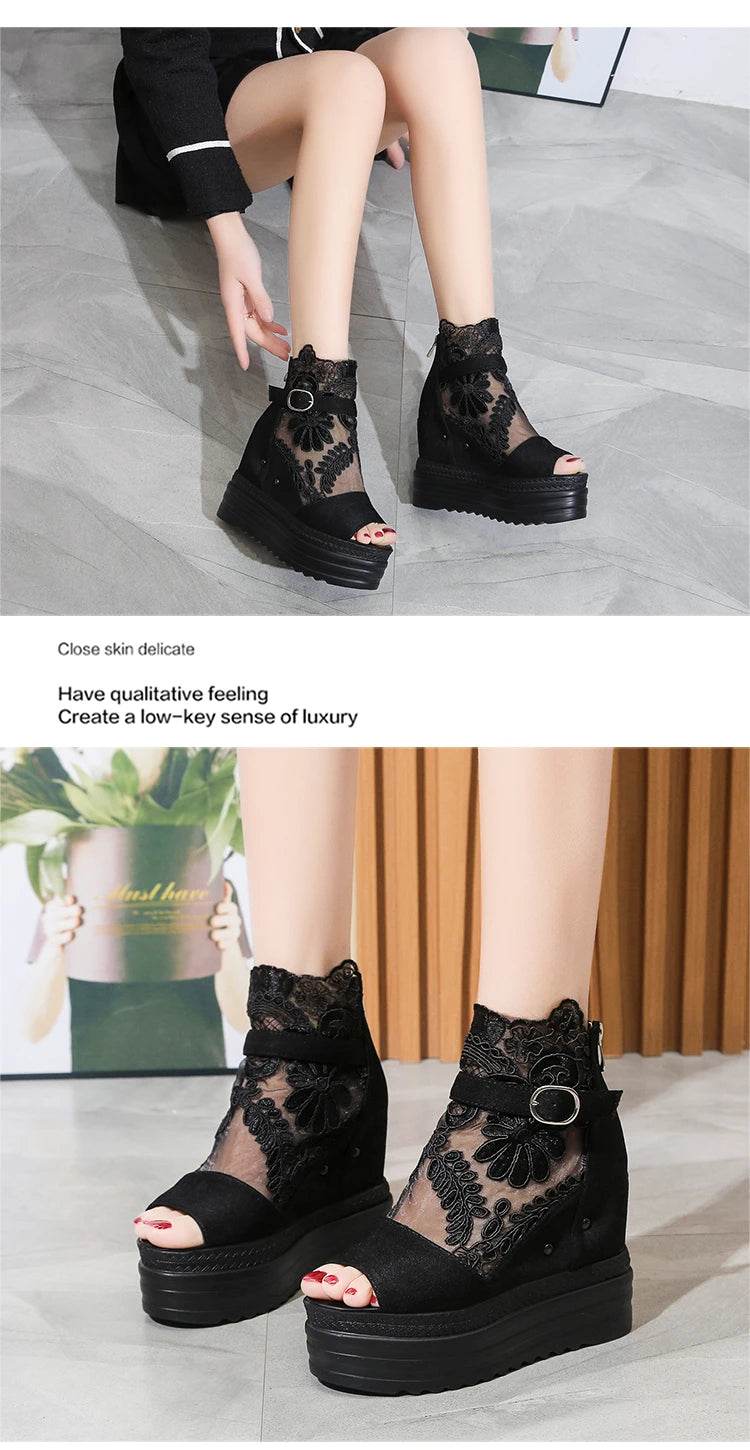 Summer Crystals Buckle Platform Sandals Women Cool ZIP Boots 10cm Wedges Heel Height Increasing Peep Toe Lace breathable Shoes