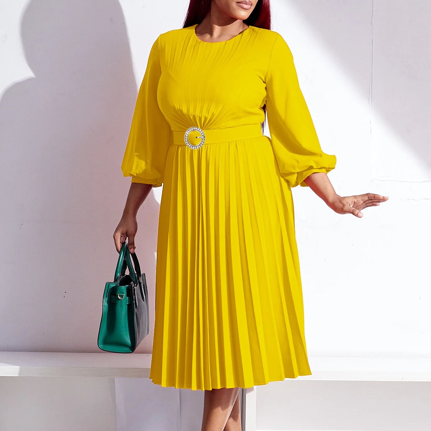 Maxy Elegant Dresses Woman Pleated O Neck Full Sleeve Belt Waisted Mid Calf Luxury Female Birthday Party Dinner Vestidos Mujer