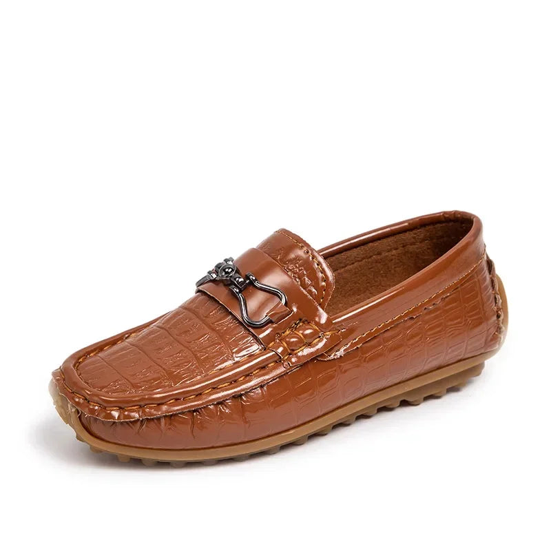 Visco Boys Leather Shoes Round-toe Flat Soft Kids Fashion Casual Loafers Glossy Metal Buckle Children Moccasins Non-slip Britain Style