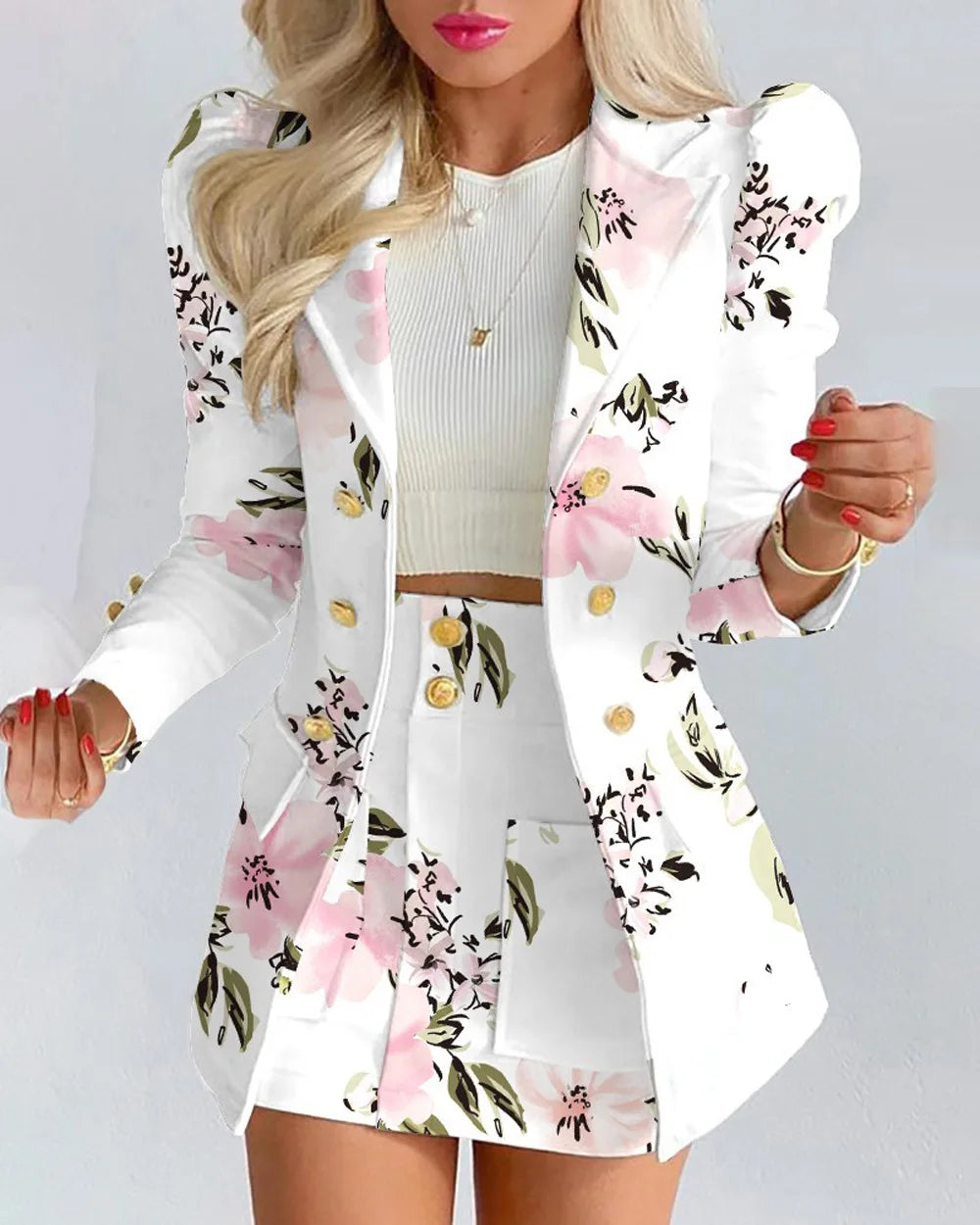 Spring Autumn New Printed Suit Set Short Skirt Women's Temperament Slim Tops Coat + Half Mini Skirt Female Office Suit Sets Kirt