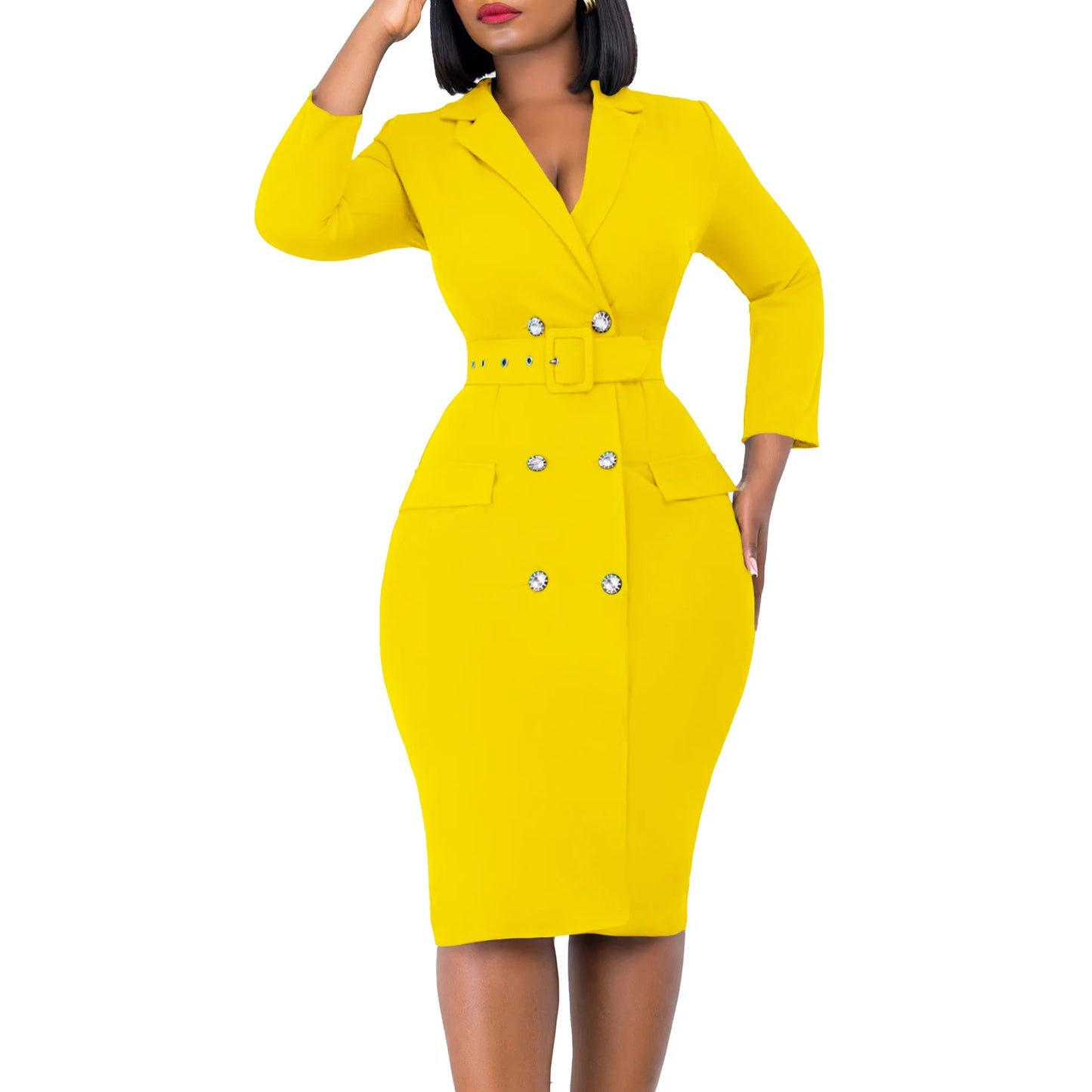 Babs Elegant Office Dresses for Woman Notched Collar Full Sleeve Double Breasted Package Hips Mid Calf Professional Business Gowns OL