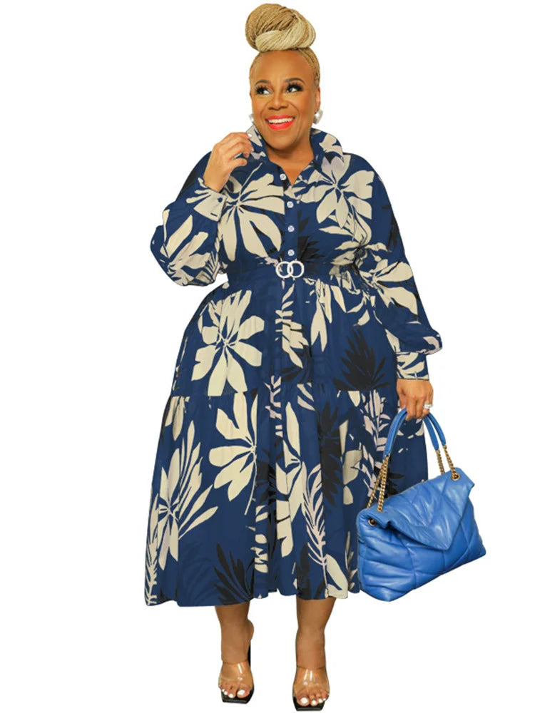 Maxy Plus Size Women Clothing Dresses Xl-5xl Flower Printed Long Sleeve Shirts Elegant Dress.