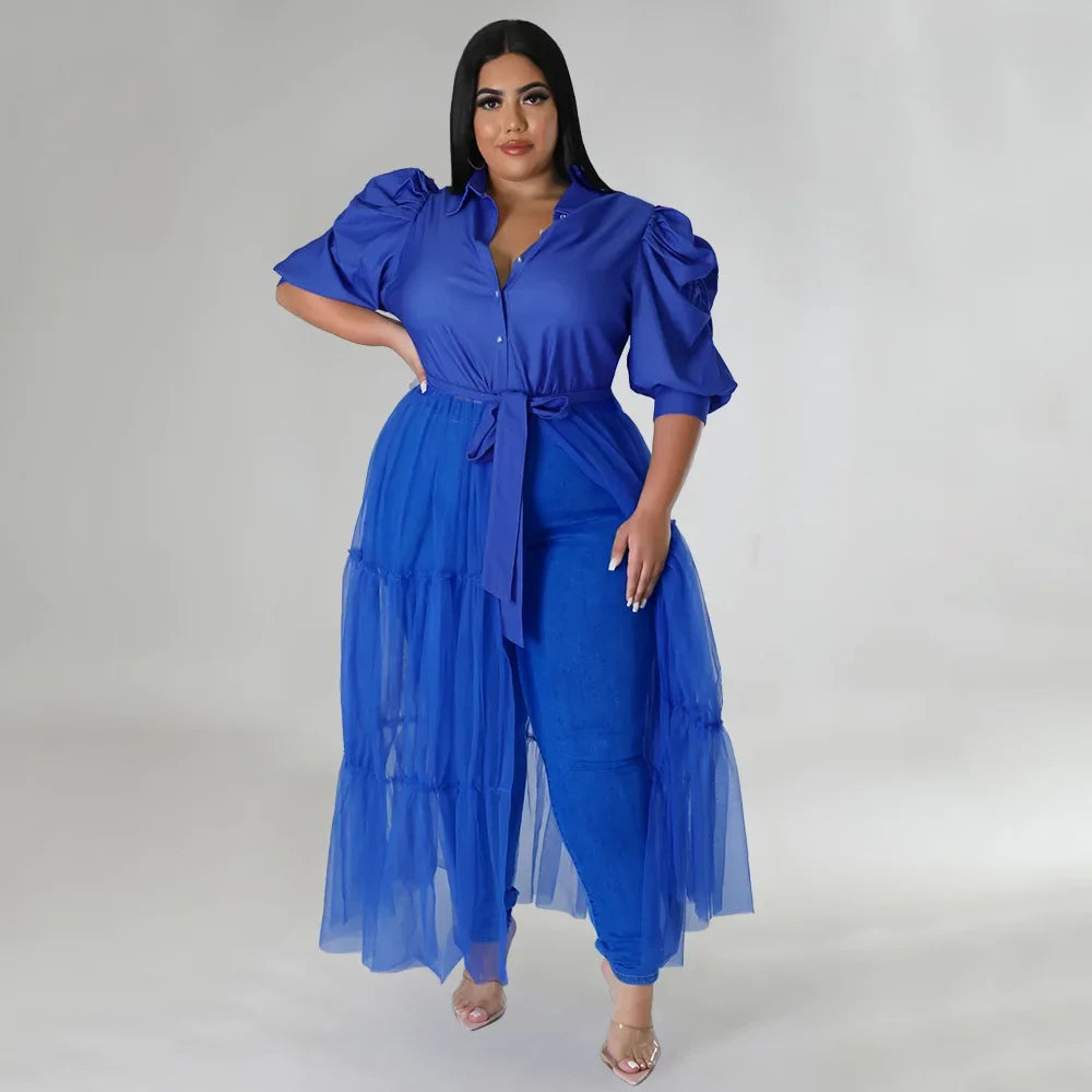 Babs Elegant Plus Size Women Big Swing Shirt Dress Sexy Mesh Patchwork Long Sleeve Single Breasted with Sashes Casual Dresses