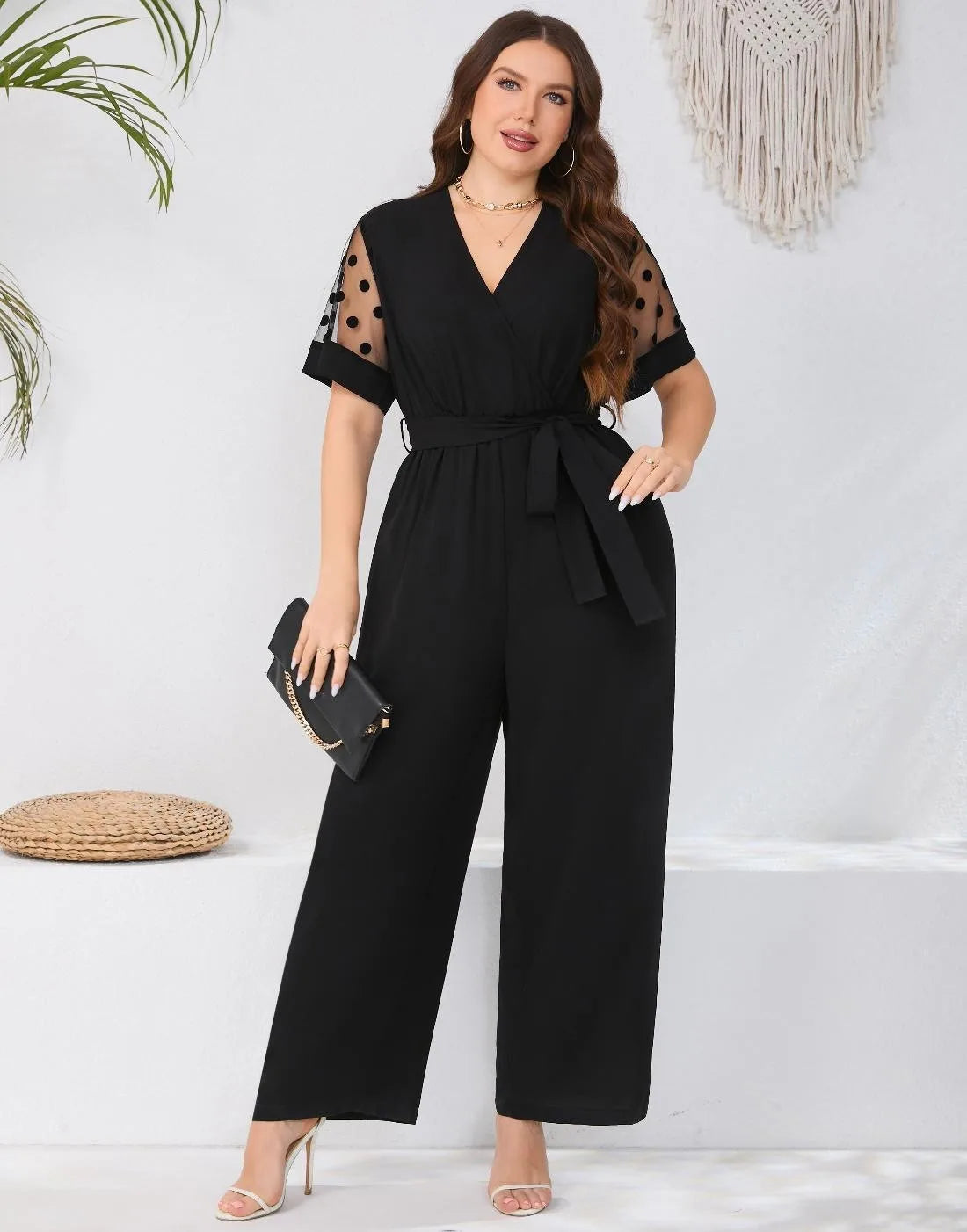 Macy Plus Size Dot Mesh Short Sleeve Belted Jumpsuit Women Summer V-neck Black Elegant Office Ladies High Waist Jumpsuits