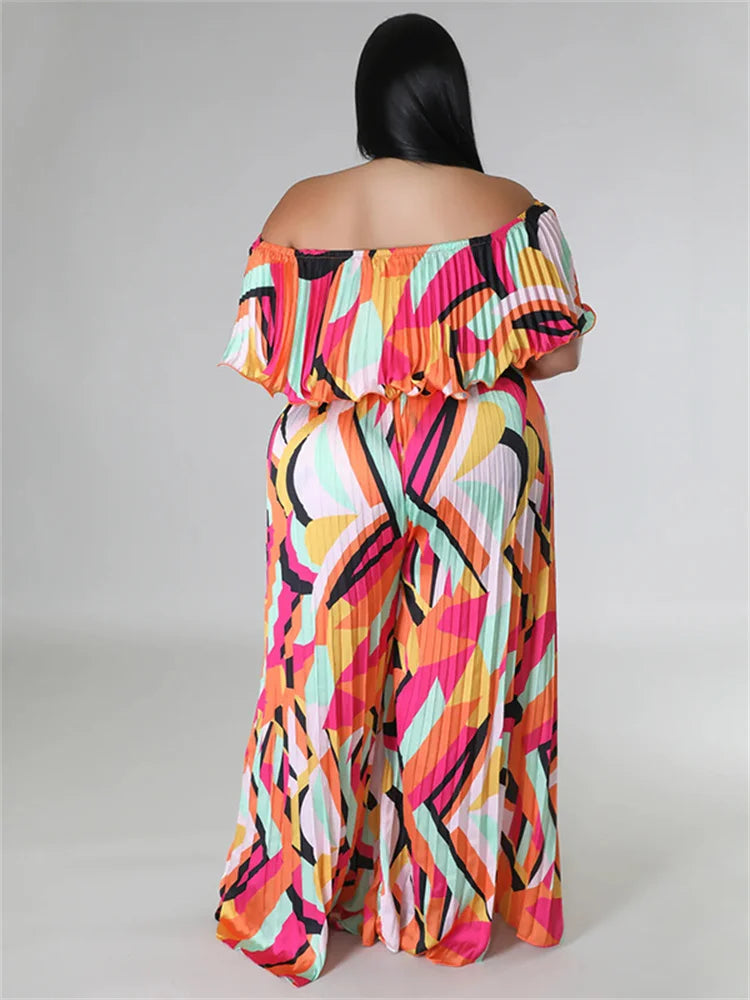 Maxy Plus Size Jumpsuit Women Clothing Pleated Wide Leg Off Shoulder Romper Printed One Piece Outfits