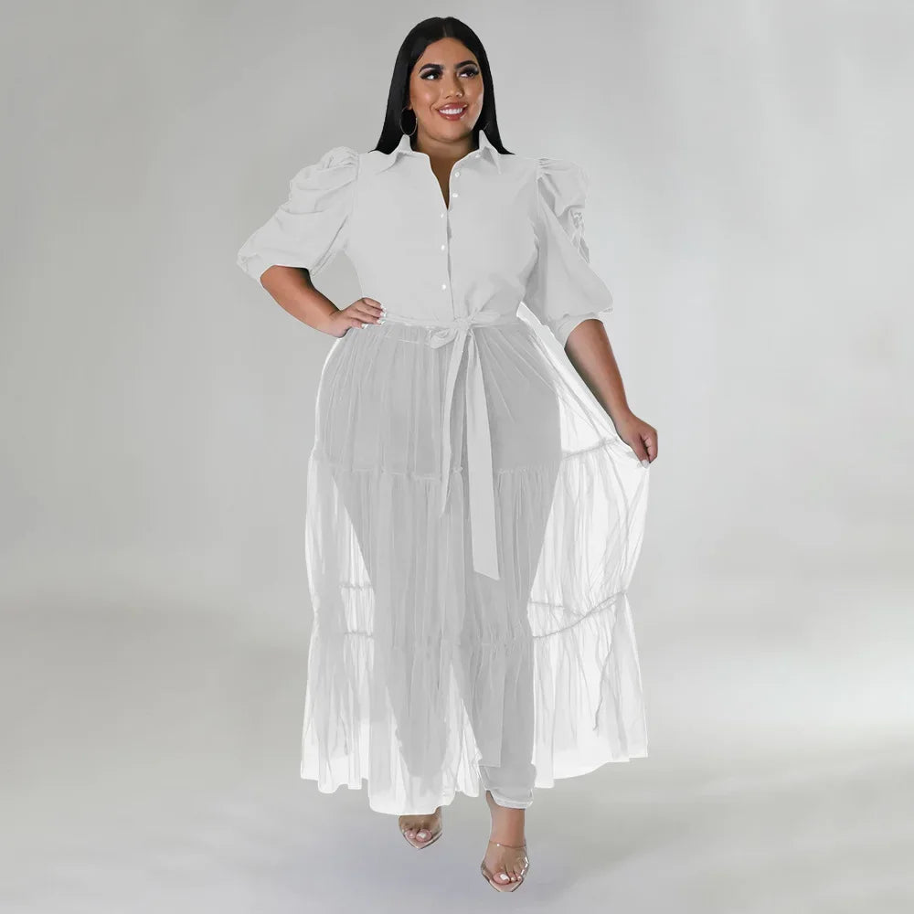 Babs Elegant Plus Size Women Big Swing Shirt Dress Sexy Mesh Patchwork Long Sleeve Single Breasted with Sashes Casual Dresses