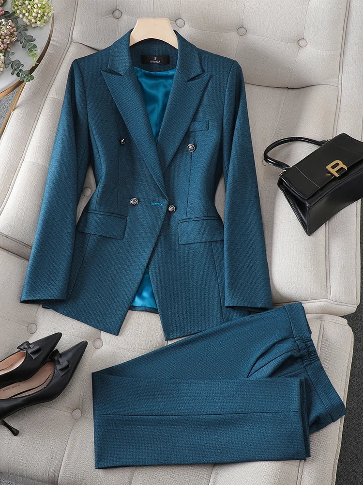 Maxy Gray Black Blue White Women's Pant Suit Long Sleeve Solid Ladies Blazer and Trouser Formal 2 Piece Set For Autumn Winter