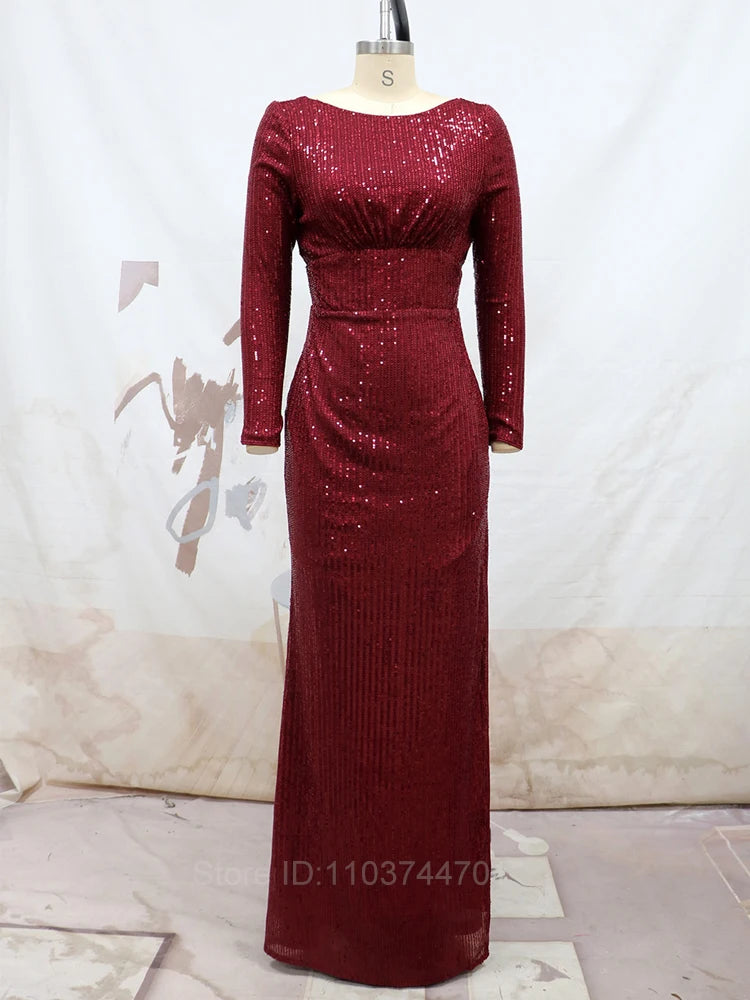 Maxy Red Long Sleeve Mermaid Sequin Evening Gown Burgundy O Neck Stretch Wedding Party Formal Maxy Dresses