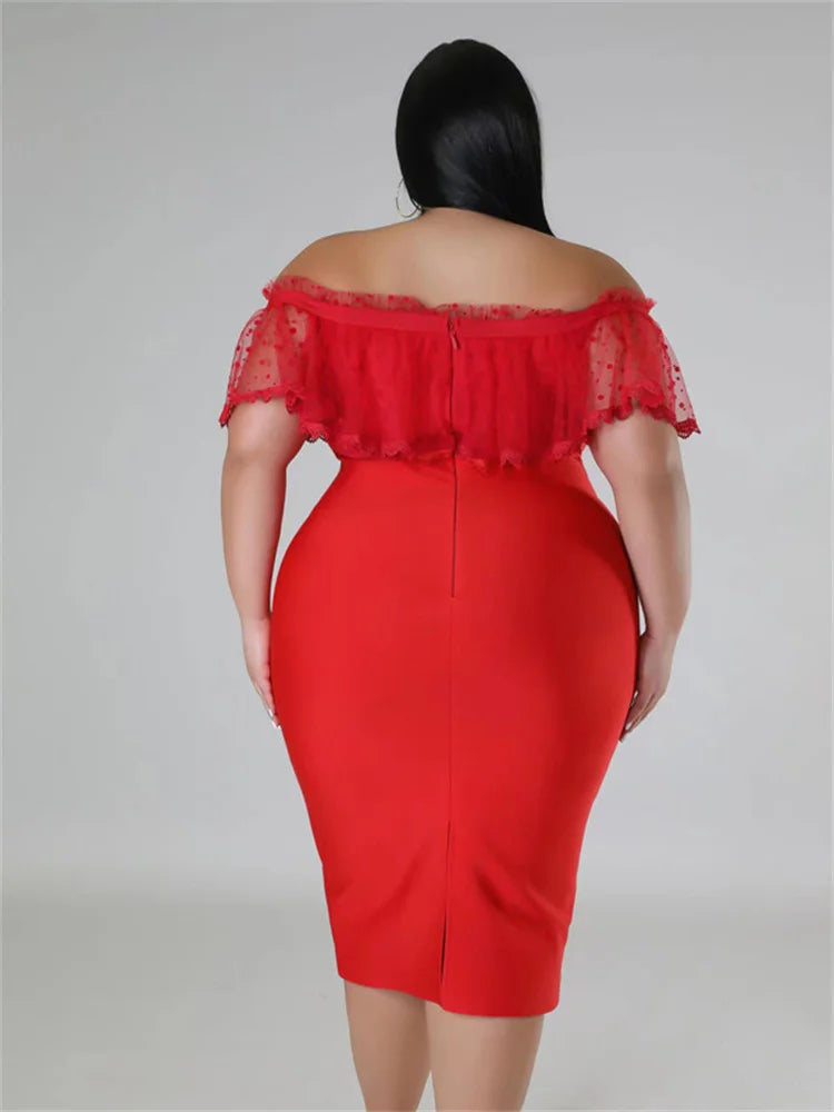 Maxy Plus Size Party Dress Women Clothing Solid Mesh Patchwork Off Shoulder Dress Fashion Outfits