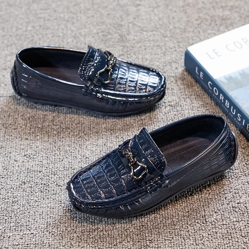Visco Boys Leather Shoes Round-toe Flat Soft Kids Fashion Casual Loafers Glossy Metal Buckle Children Moccasins Non-slip Britain Style