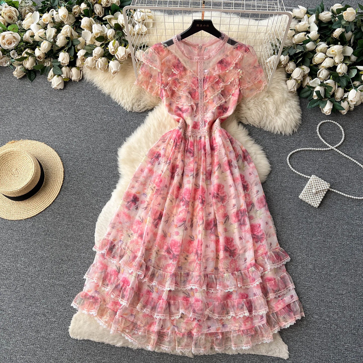 Summer Mesh Printed Dress Women Elegant Ruffle Edge Vintage High Waist Pink Party Dresses Ladies Slim A-line Floral Long Robe