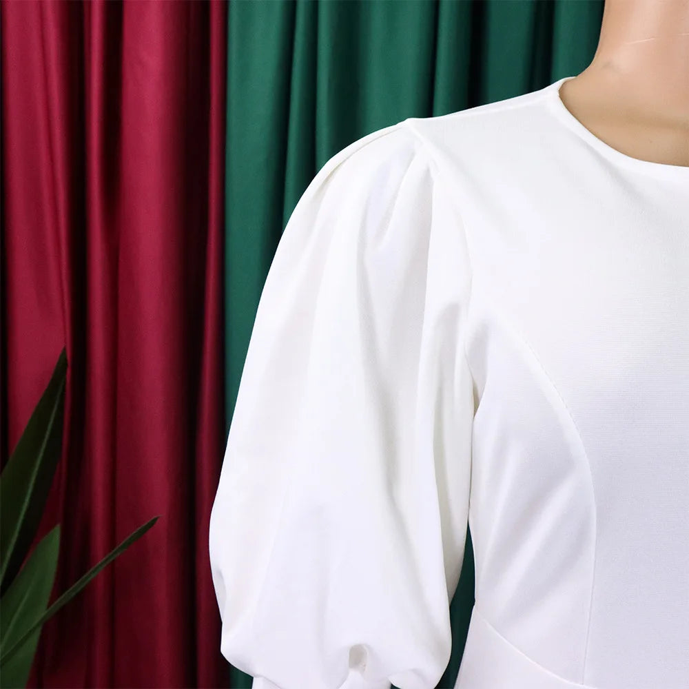 Babs Elegant Women Wear Office African Dress Summer Puff Sleeve Pencil Wrap Hip Midi Dress Africa Clothing White Robe Lady Party