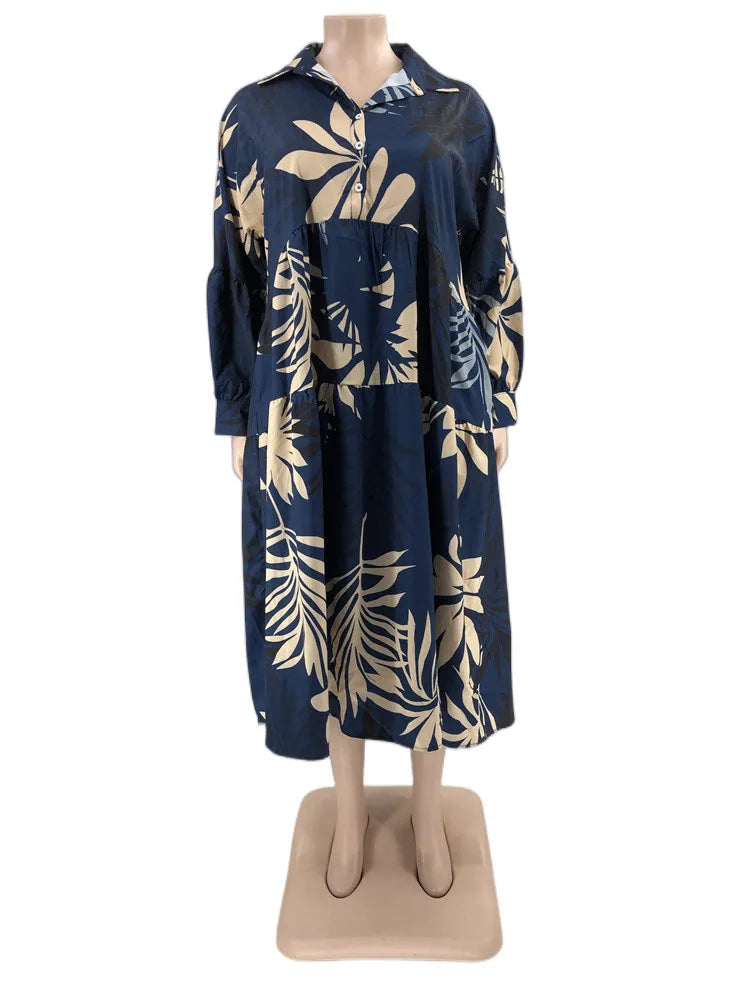 Maxy Plus Size Women Clothing Dresses Xl-5xl Flower Printed Long Sleeve Shirts Elegant Dress.