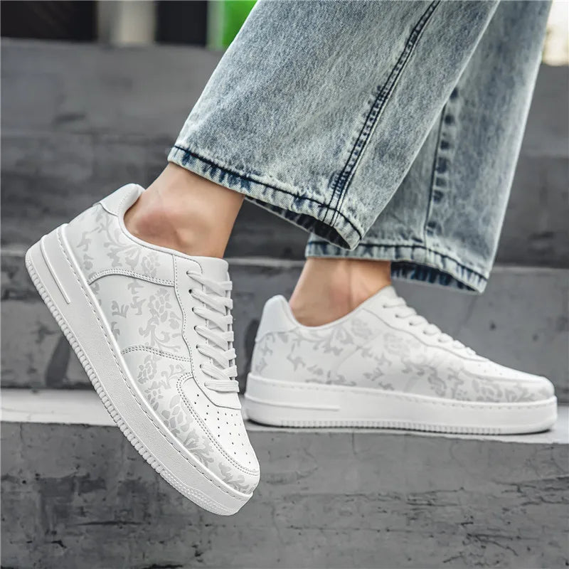 Maxy Fashion Print Blue Men's Skateboard Shoes Leather Breathable Man Casual Sneakers Platform Non-slip Men Skateboarding Shoes