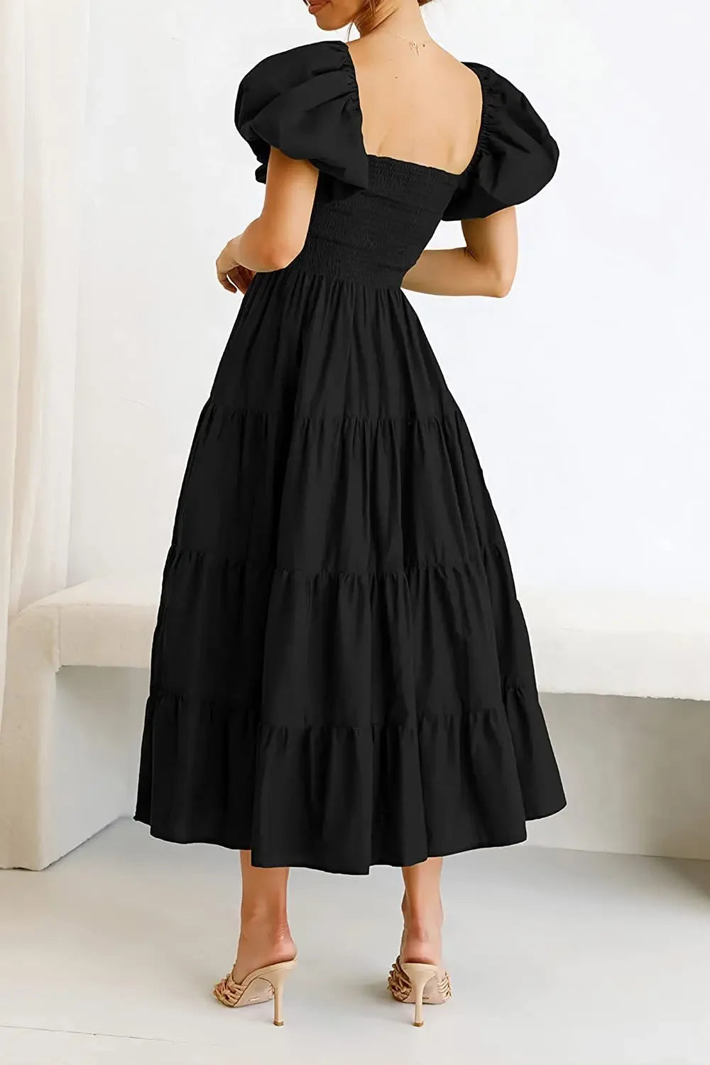 Maxy Dress Women Clothing Ruffles Ruched A-Line Frock Square Neck Short Sleeve Dress Vacation Streetwear Outfits Summer