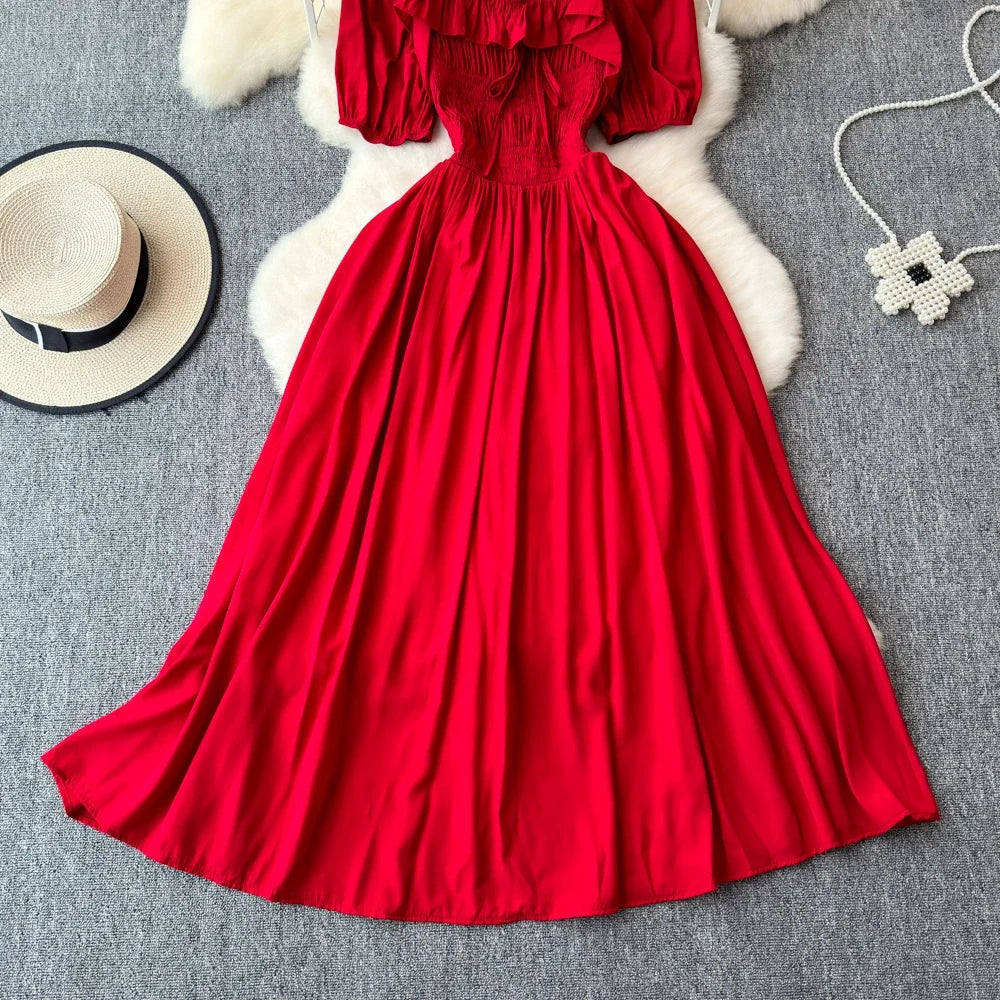 Babs Chic Elegant Square Collar Macy Dress Women Solid Short Puff Sleeve Dresses 2024 Korean Fashion Vintage Ruffle Vestidos