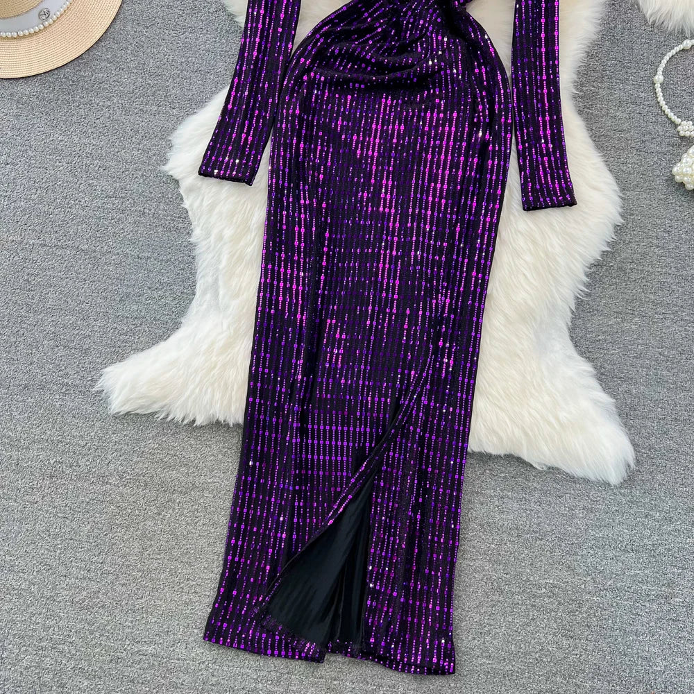 Babs Elegant Chic Y2K Women's Dress Long-sleeve V-neck Split Sequins Patchwork Hip Warp Dresses Autumn Winter