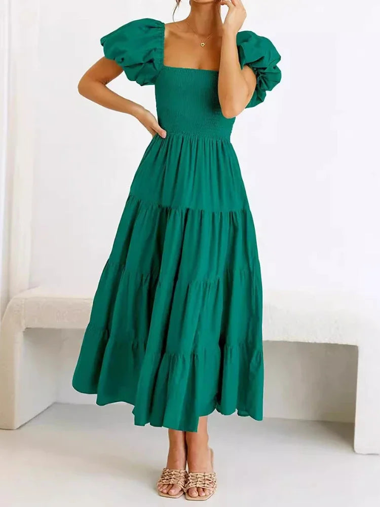 Maxy Dress Women Clothing Ruffles Ruched A-Line Frock Square Neck Short Sleeve Dress Vacation Streetwear Outfits Summer