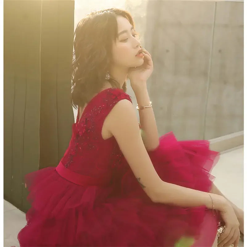 Babs Dresses Burgundy Tulle Beads Floral V-Neck Plus Size A-line Tiered Tea-Length Plus size Woman Party Gowns Robe E832