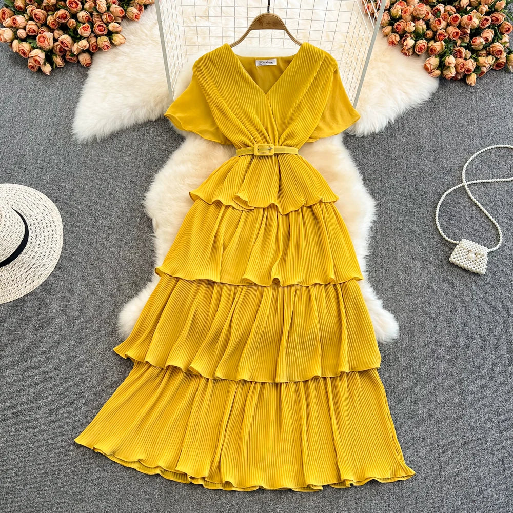 Babs Summer Beach Long Dress Women Elegant V-Neck Short Sleeve Cascading Ruffles Big Swing Female Red/Green/Pink Maxy Robe