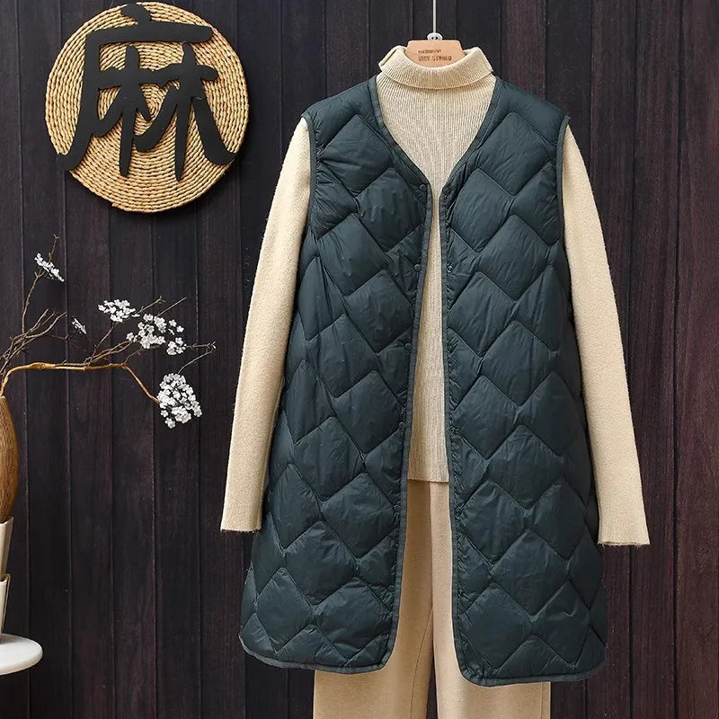 Maxy Plus Size Female Korean V-neck Casual Ultra-Light Vest Coat Autumn Winter Women X-Long White Duck Down Warm Sleeveless Jackets
