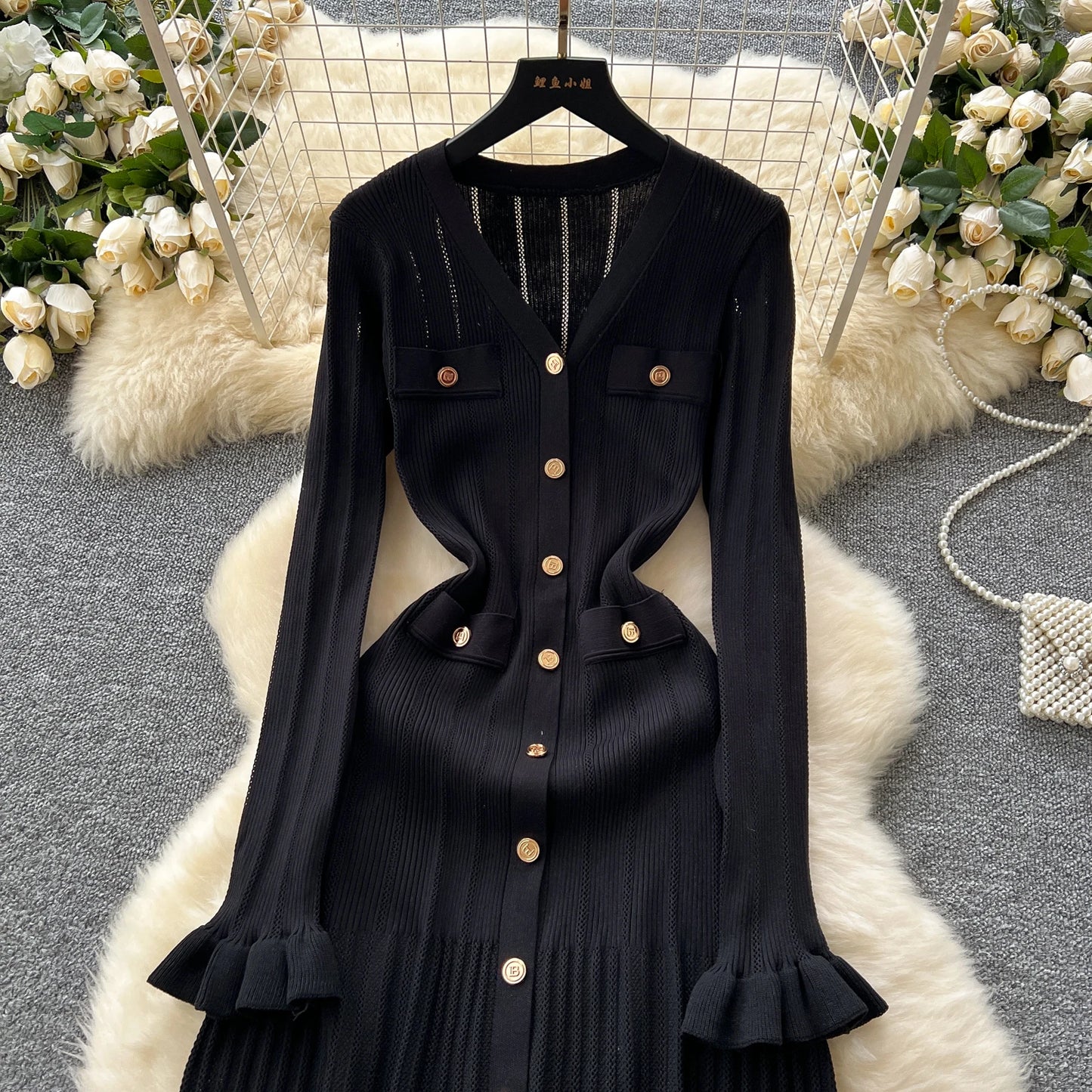 Babs Sexy Chic Long Sleeve V Neck Ruffle Knit Dress Elegant Fashion Party Single Breasted Slim Autumn Dresses