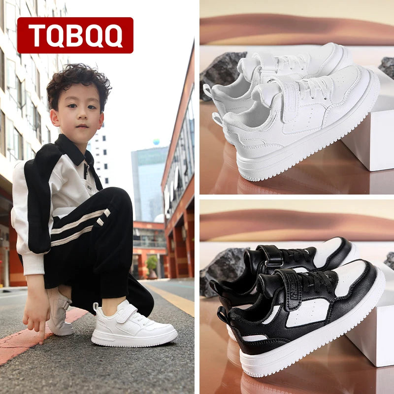 Babs Black White Color Flat Sneakers for Boy and Girl Casual Leather Sports Shoes Mesh Children Students Shoes