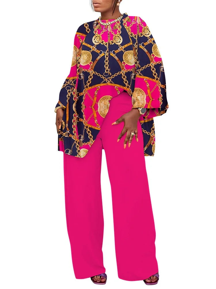 Maxy Plus Size Two Piece Sets Women Clothing Printed Long Sleeve Tops Solid Pants Wid Leg Matching Suits.