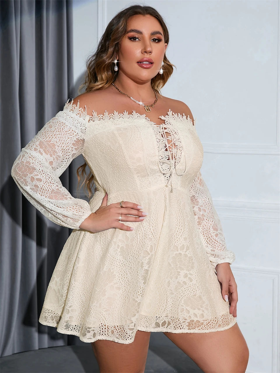 Macy Plus Size Dresses for Women Sexy Off Shoulder Lace Up A Line Mini Lace Dress Chic Elegant Woman Dress Long Sleeves 1102