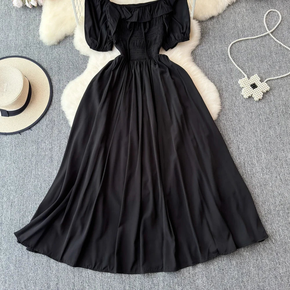 Babs Chic Elegant Square Collar Macy Dress Women Solid Short Puff Sleeve Dresses 2024 Korean Fashion Vintage Ruffle Vestidos
