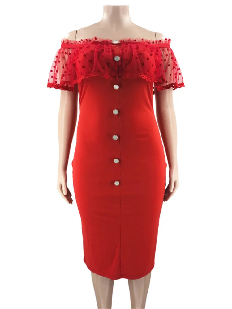 Maxy Plus Size Party Dress Women Clothing Solid Mesh Patchwork Off Shoulder Dress Fashion Outfits