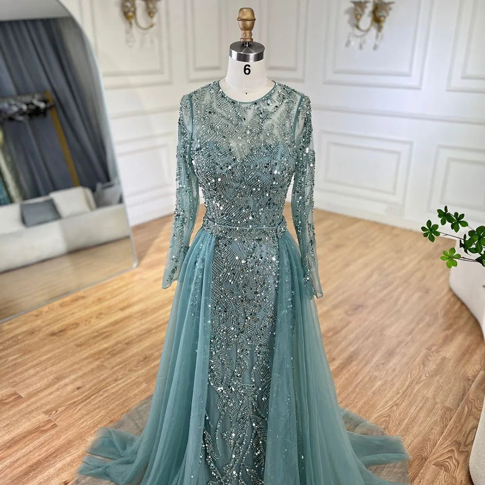 Maxy Serene Hill Arabic Turquoise Mermaid Gown with Tulle Overskirt And Beaded | Evening Dresses LA72601 Customized
