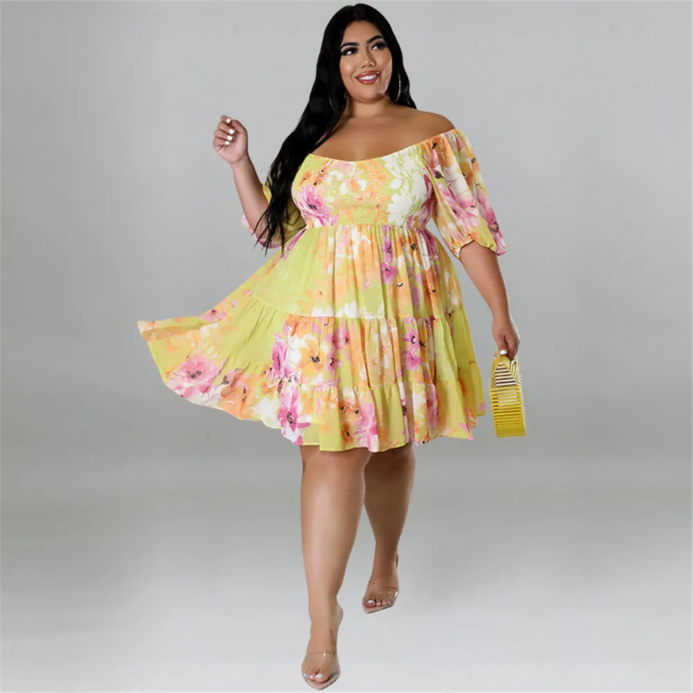 Maxy Plus Size Summer Dresses Women's Clothing Flower Printed One Shoulder Elegant Mini Dress Hot Sale