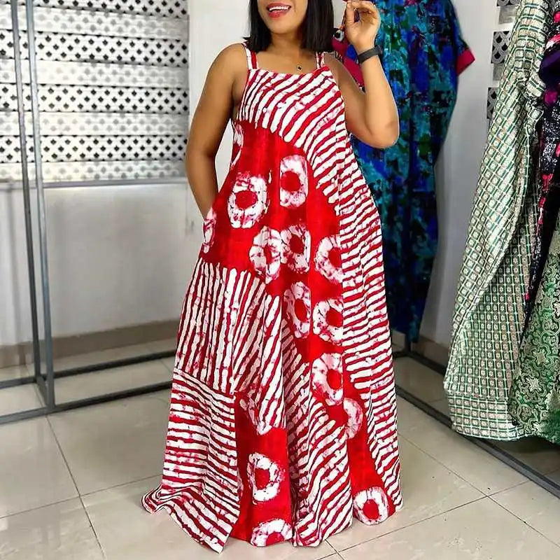 Maxy Plus Size 5XL VONDA Bohemian Printed Maxy Dress Summer Sleeveless Party Beach Sundress Tank Long Casual Loose Robe