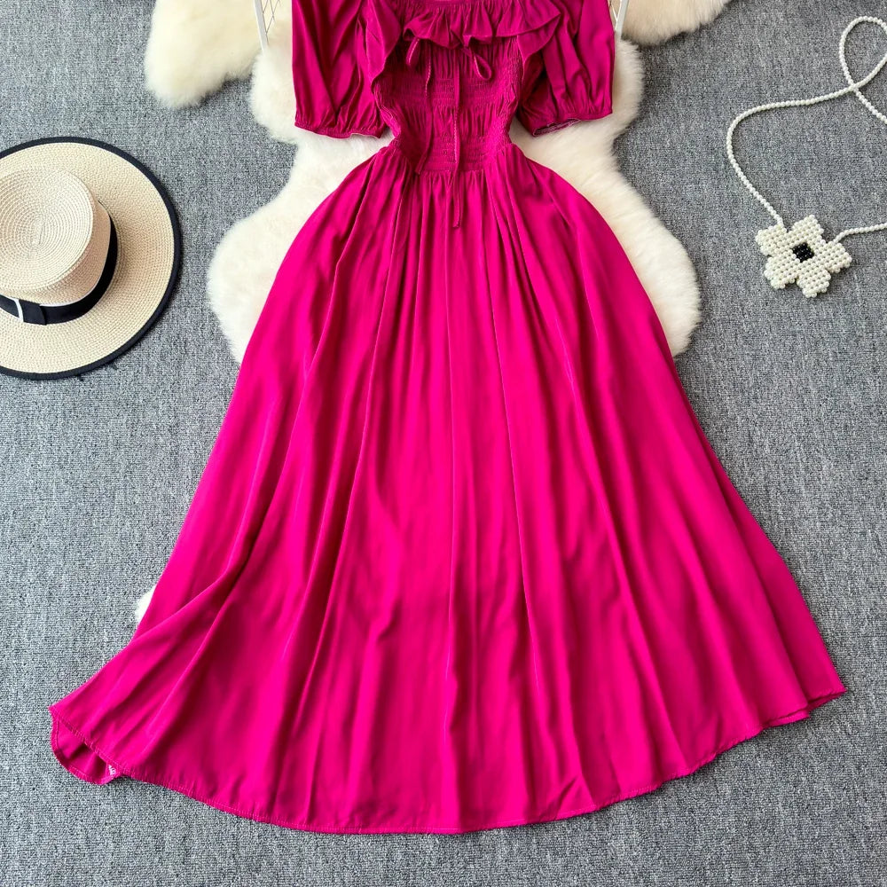 Babs Chic Elegant Square Collar Macy Dress Women Solid Short Puff Sleeve Dresses 2024 Korean Fashion Vintage Ruffle Vestidos