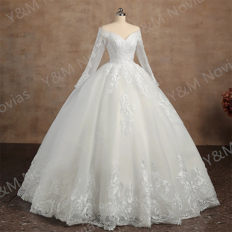 Maxy Real video Ball Gown Off Shoulder Wedding Dresses Full Sleeve Sweetheart Lace Bead Wedding Dresses for Women 2024