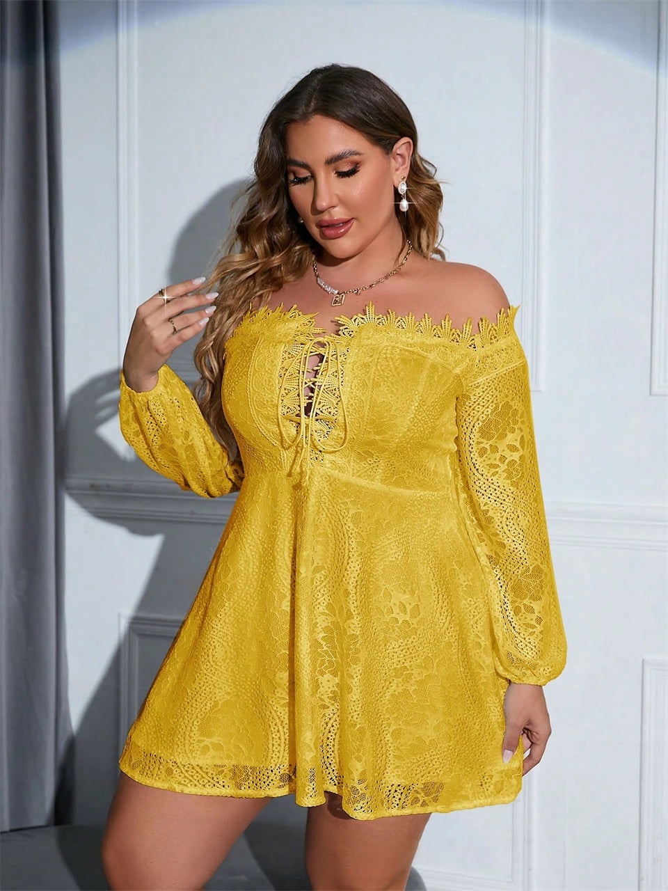 Macy Plus Size Dresses for Women Sexy Off Shoulder Lace Up A Line Mini Lace Dress Chic Elegant Woman Dress Long Sleeves 1102