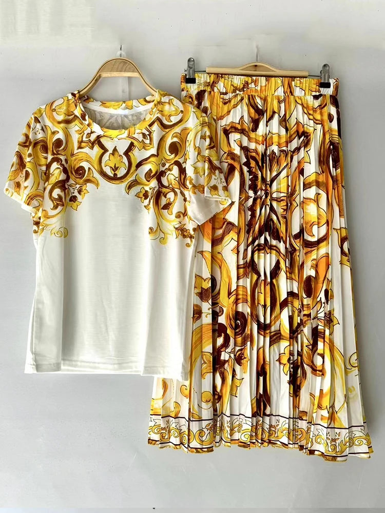 Maxy summer women's retro geometric print knit shirt sleeve T two-piece marlet + high waist sag pleated loose skirt fashion suit