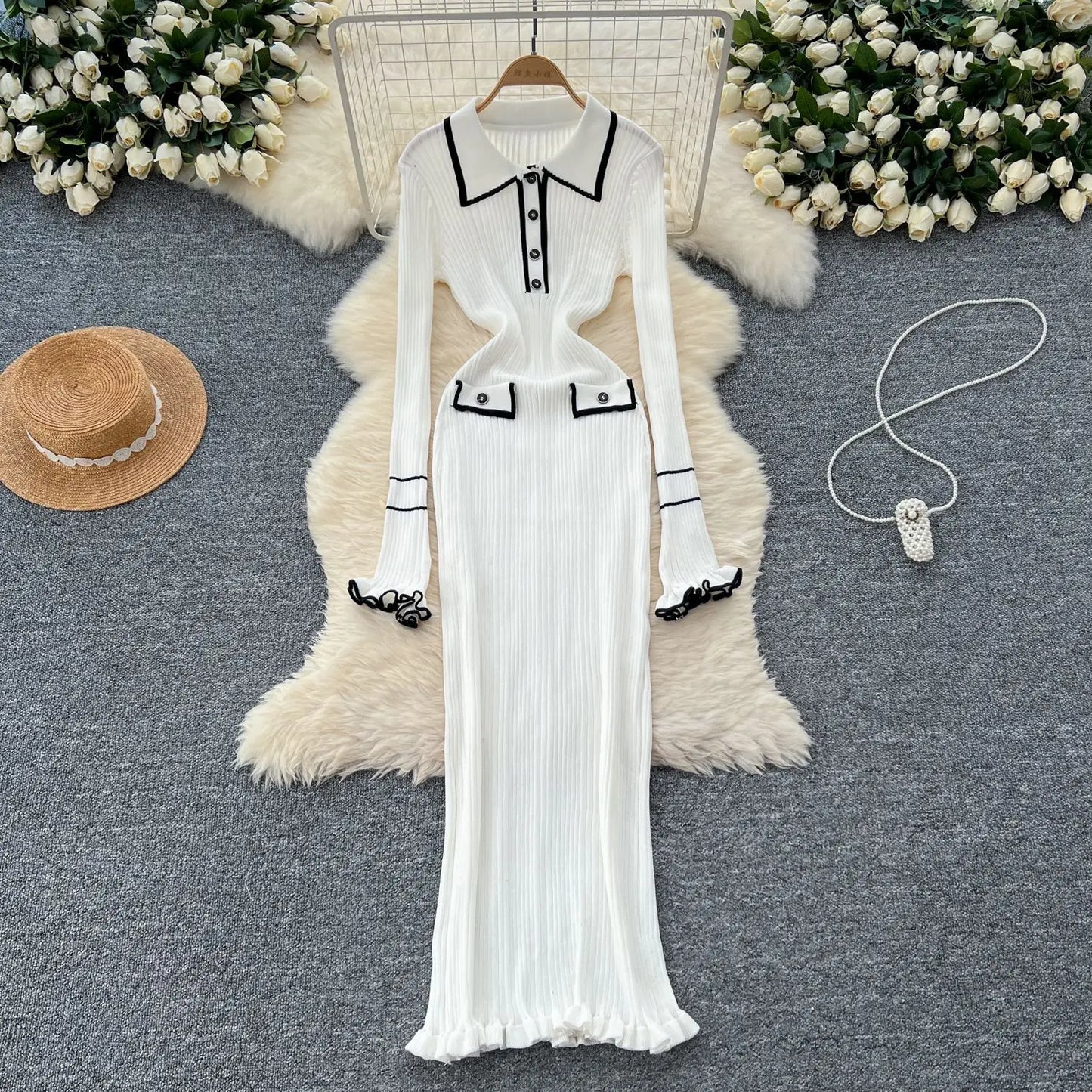 Macy French Vintage Knitted Dress Women Lapel Long Sleeved Slim Bodycon Dresses Ladies Slim Elegant Spring Autumn Long Robe Vestidos