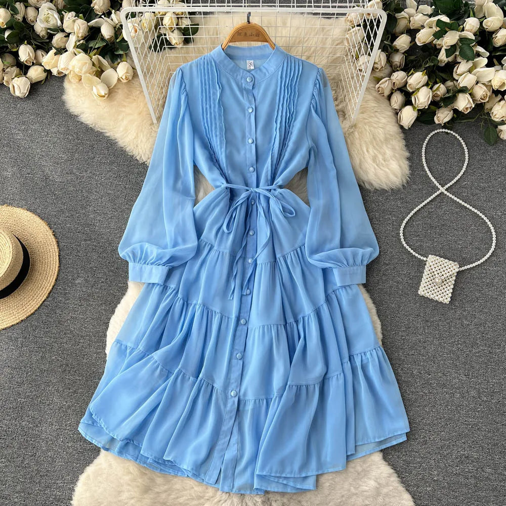 Maxy Spring Autumn Women Purple/Yellow/Blue Draped Chiffon Midi Dress Elegant Stand Collar Single Breasted Lantern Sleeve dress