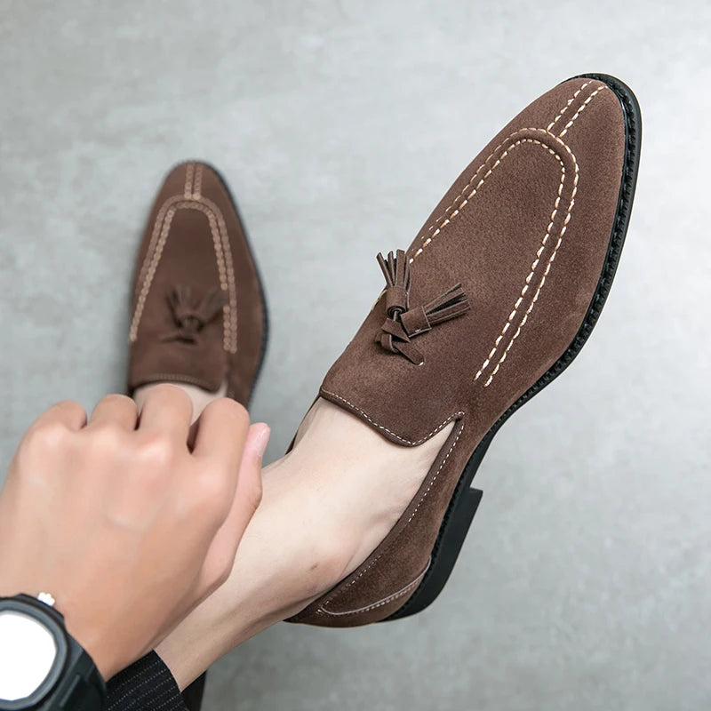 Visco Men's Loafers Brand Suede Leather Shoes Vintage Slip-on Classic Casual Men Driving Shoes Wedding Male Dress Shoes Tassel pointed
