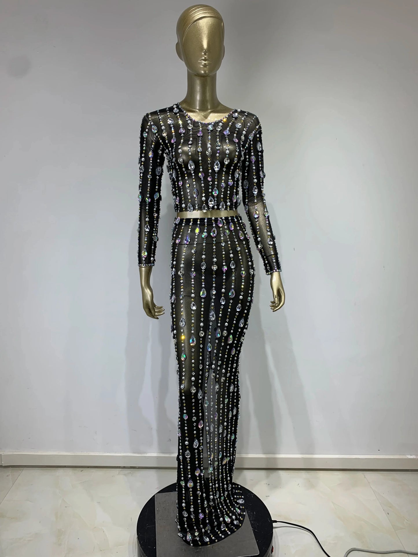 Stock Women Long Sleeve Rhinestone Sparkly Maxi Long Skirt Set Birthday Party Costume Bar Nightclub Stage Performance Clothing