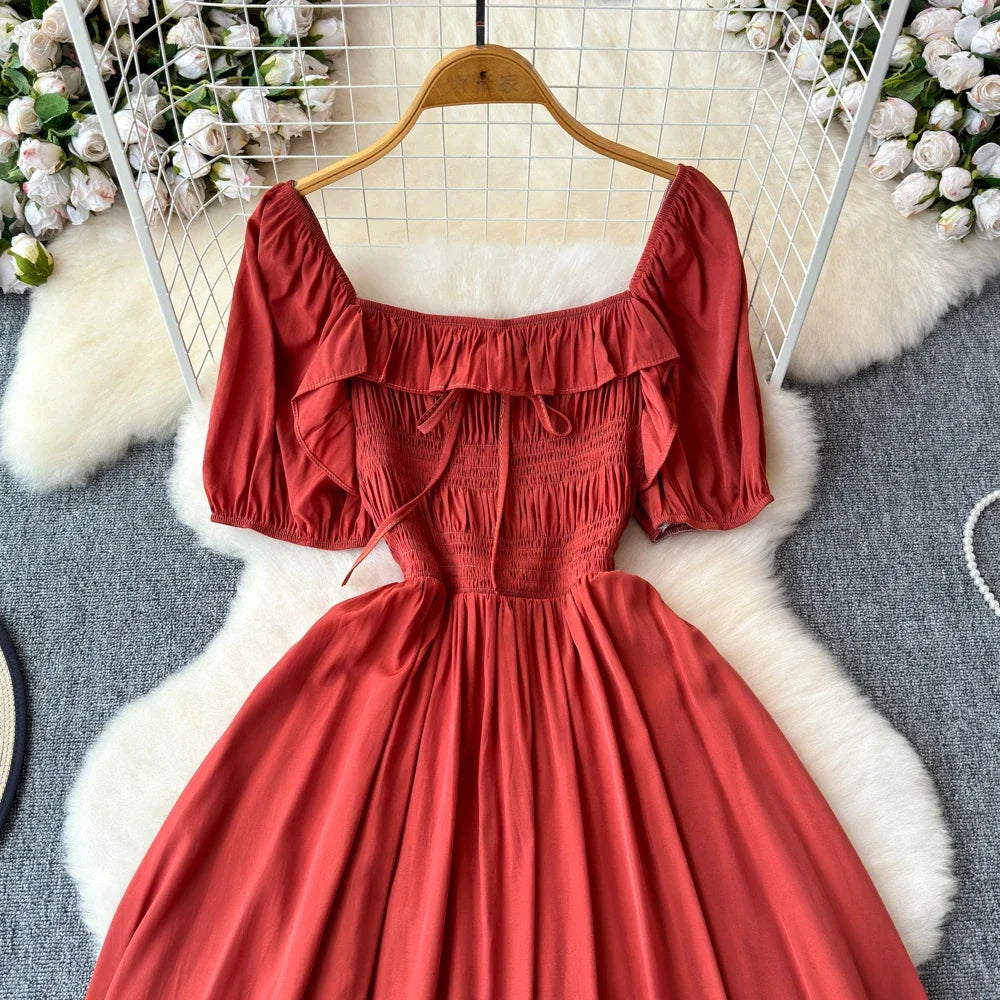 Babs Chic Elegant Square Collar Macy Dress Women Solid Short Puff Sleeve Dresses 2024 Korean Fashion Vintage Ruffle Vestidos