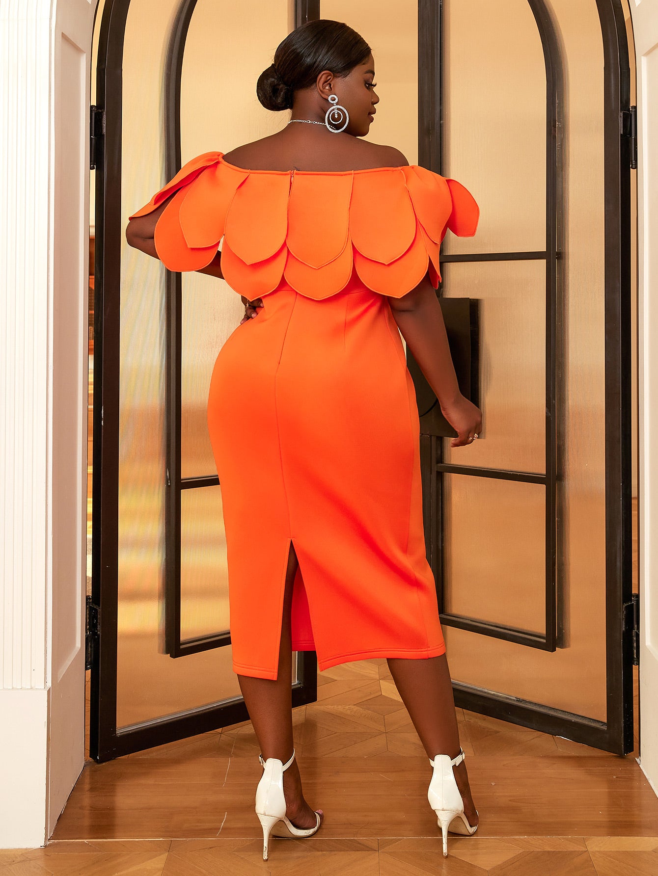 Gracy Women Orange Party Dresses Leafs Cape Off The Shoulder Split Sheath Dress Big Size Lady Birthday Date Out Night Gowns