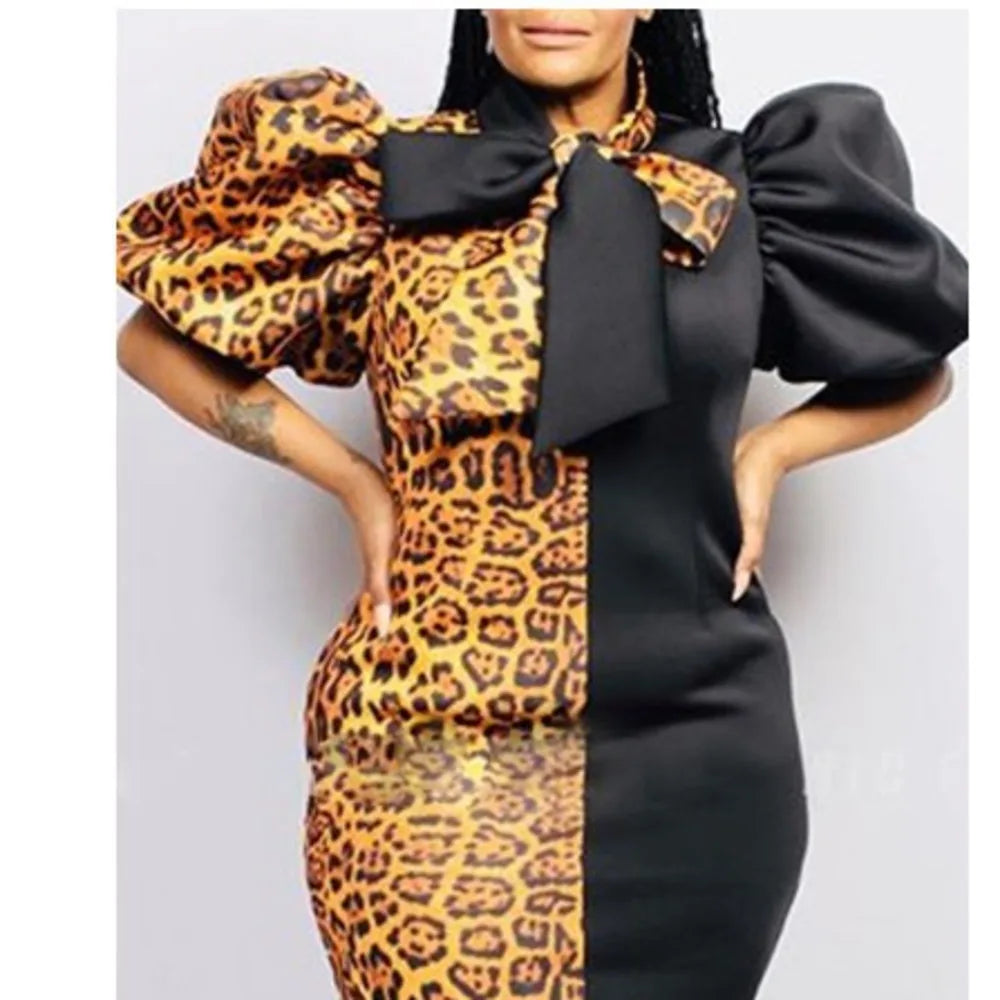 Maxy Party Dresses Fashion Women's New Color Contrast Leopard Print Fat Women's Fat Women's Bubble Sleeves African Dress