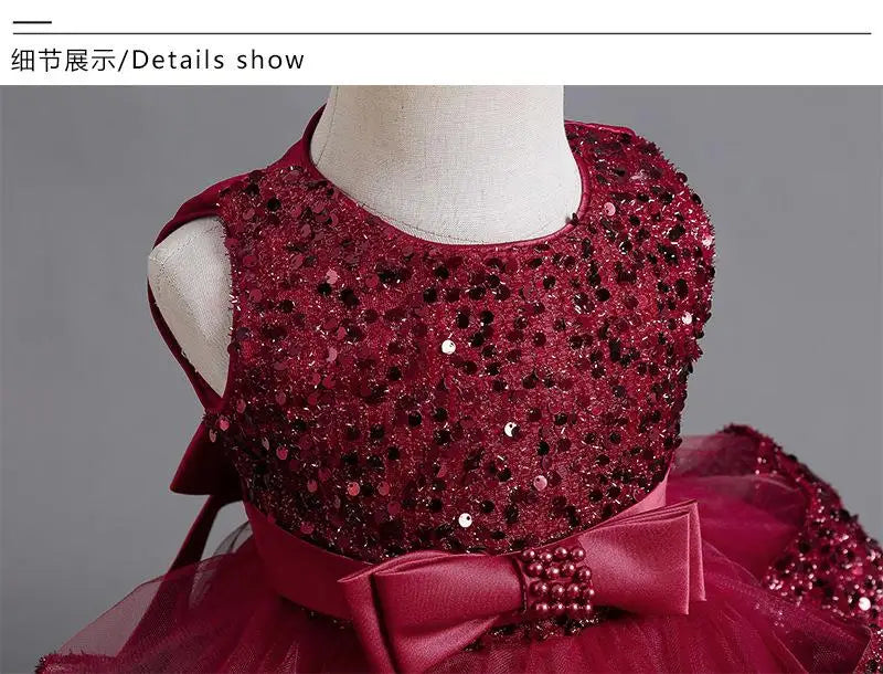 Summer New Beaded Bow Tie Sequin Mesh Children's Sleeveless Evening Dress School Graduation Party Multi Layered Dress