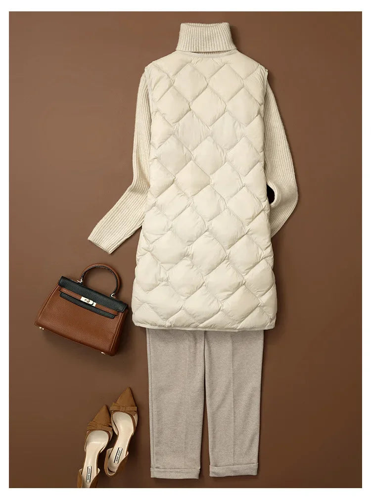 Maxy Plus Size Female Korean V-neck Casual Ultra-Light Vest Coat Autumn Winter Women X-Long White Duck Down Warm Sleeveless Jackets