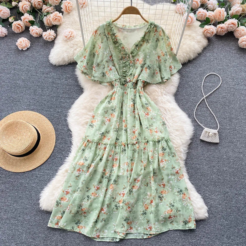 Maxy Ruffled Women Summer Long Dress 2024 Elastic Waist V Neck Vacation Chic Elegant Ladies A Line Slim Beach Dresses